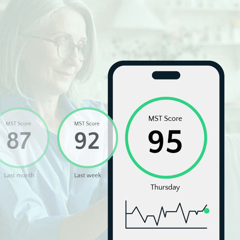 Smartphone displaying MST Score with a blurred person in the background