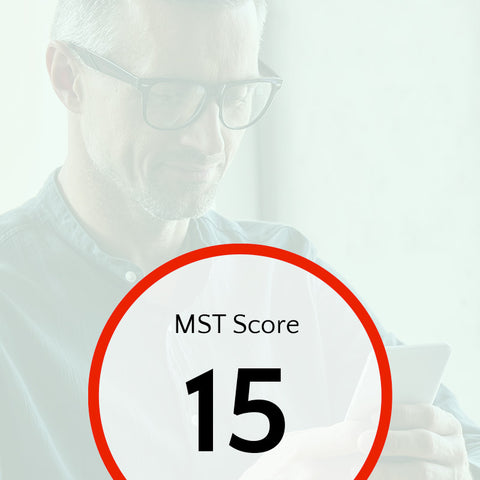 Person using smartphone with MST Score 15 displayed