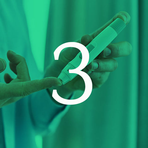 Finger pricking for blood glucose/lipids against a green background