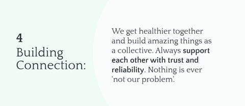 4 Building Connection: We get healthier together and build amazing things as a collective. Always support each other with trust and reliability. Nothing is ever 'not our problem'.