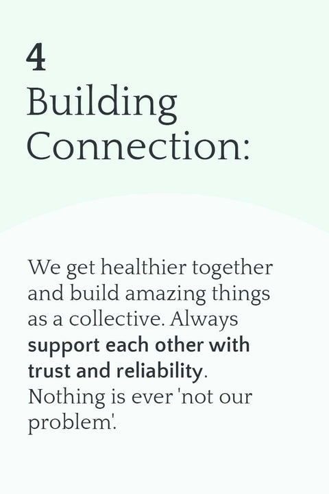 4 Building Connection: We get healthier together and build amazing things as a collective. Always support each other with trust and reliability. Nothing is ever 'not our problem'.
