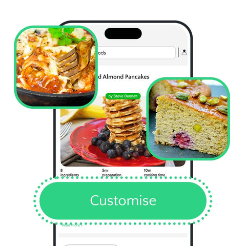 Phone case with images of food and a 'Customise' button on a white background