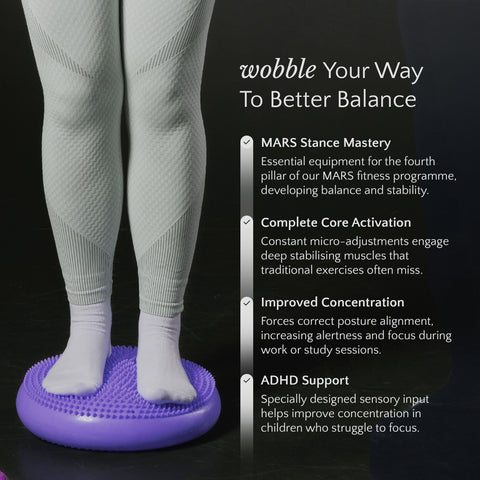 Person using a purple balance board with text about MARS fitness program benefits on a black background