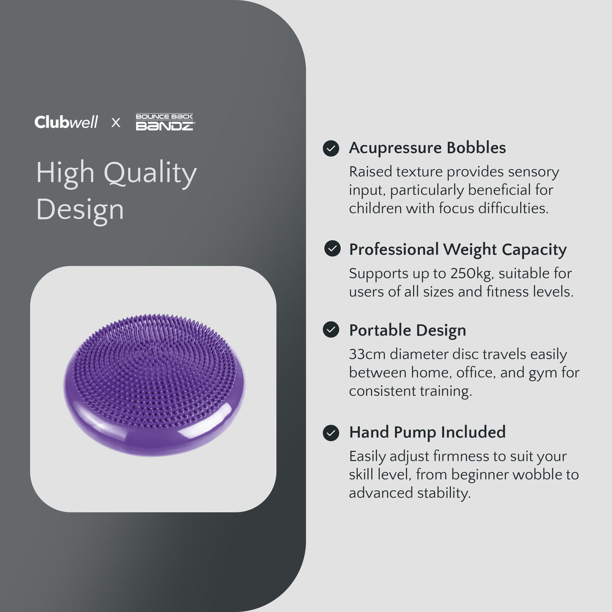 Purple acupressure disc with text on a gray background