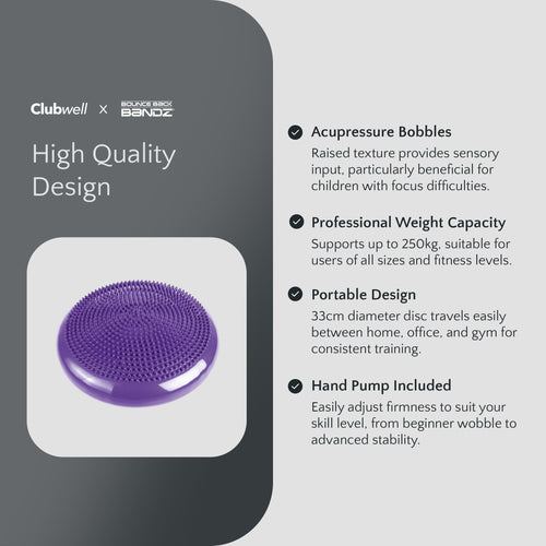 Purple acupressure disc with text on a gray background
