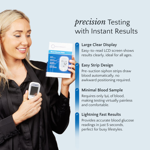 Woman holding a blood glucose meter with product features listed on a light blue background