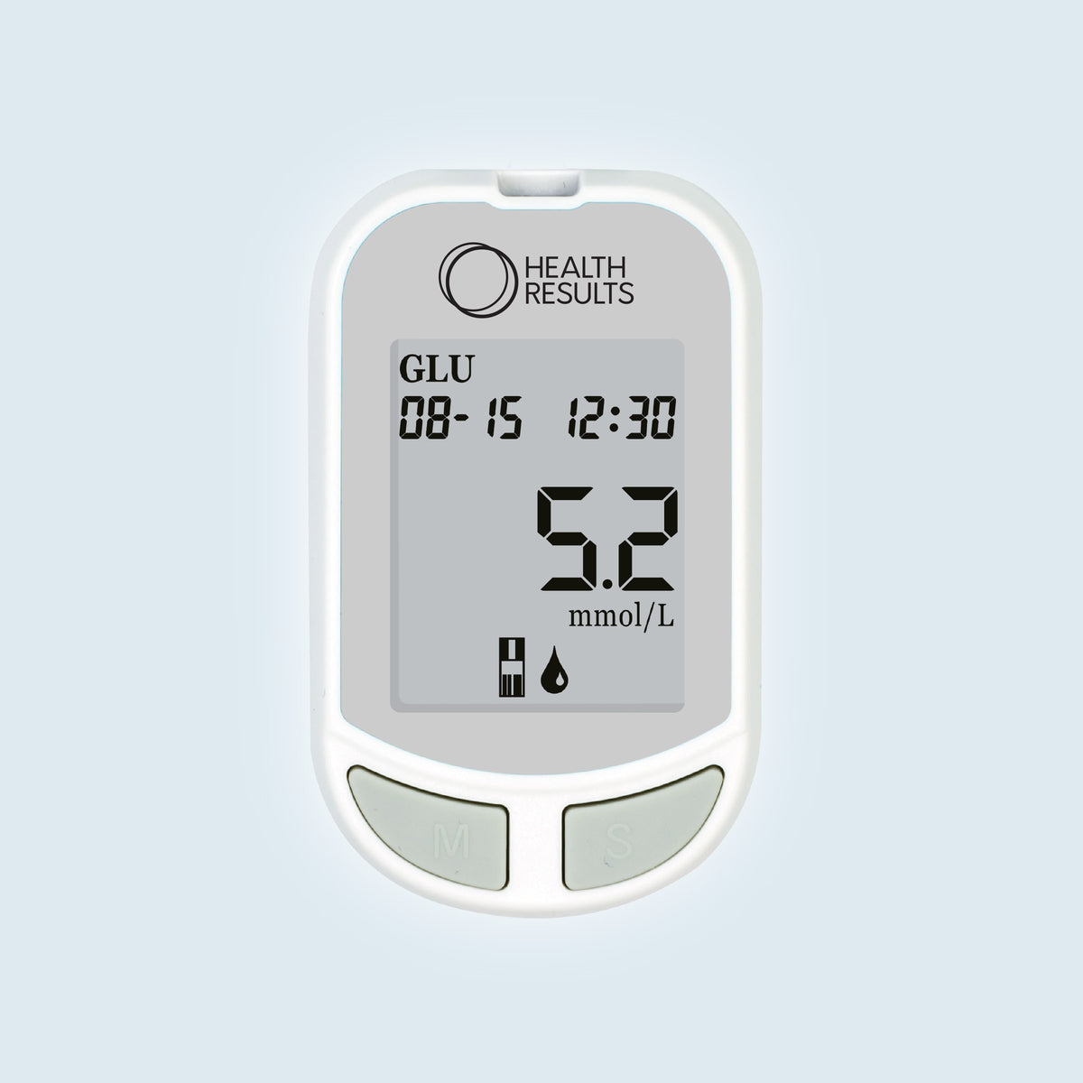 Glucose meter with digital display on a light gray background