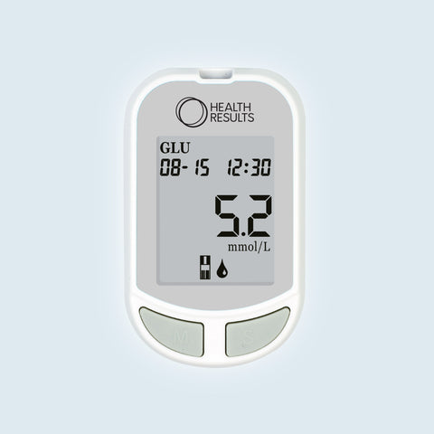 Glucose meter with digital display on a light gray background