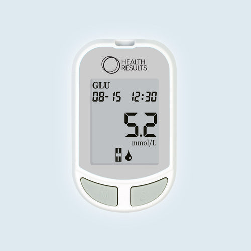 Glucose meter with digital display on a light gray background