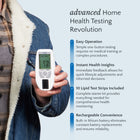 Person holding a blood lipid meter with features listed on a light blue background