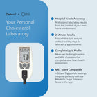 Personal cholesterol analyser with features listed on a blue background