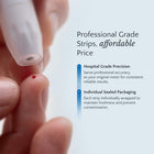 Close-up of a finger with a drop of blood on a test strip, with text about professional-grade strips at an affordable price.