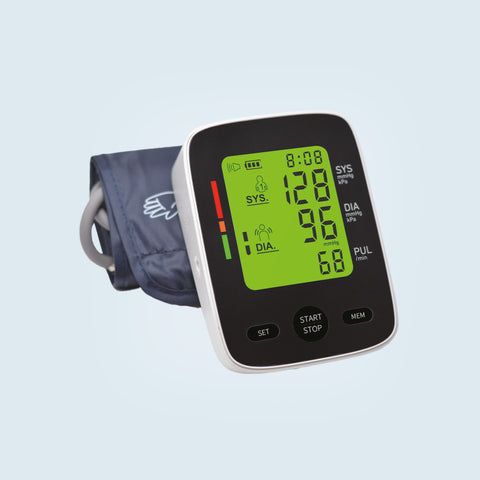 Blood pressure monitor with digital display on a light blue background
