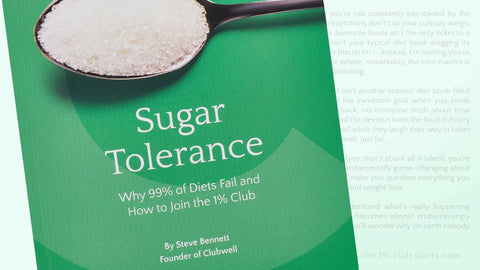 Book cover of 'Sugar Tolerance' by Steve Bennett with a green background and spoonful of rice illustration