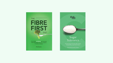 Green books on a white background, one titled 'The Fibre First Diet' and the other 'Sugar Tolerance'.
