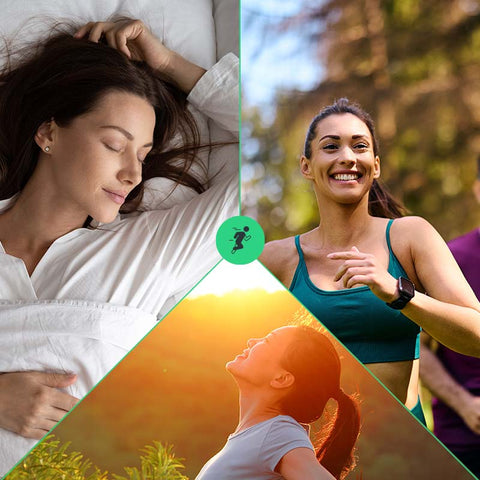 Collage of a woman sleeping, exercising outdoors, and stretching outdoors.