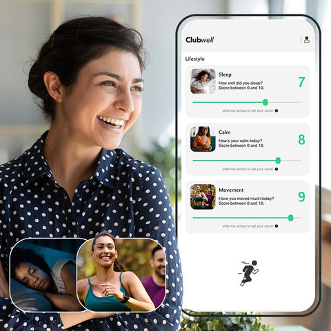 Woman smiling with a smartphone displaying the Clubwell app on a blurred background