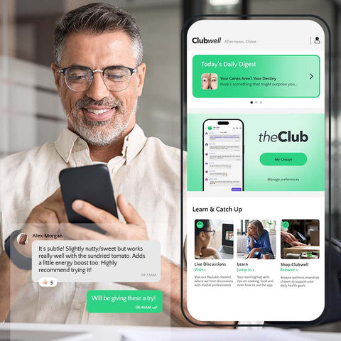 Man using a smartphone with Clubwell app displayed on screen