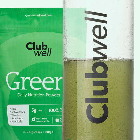Green nutrition powder package with 'Clubwell' branding