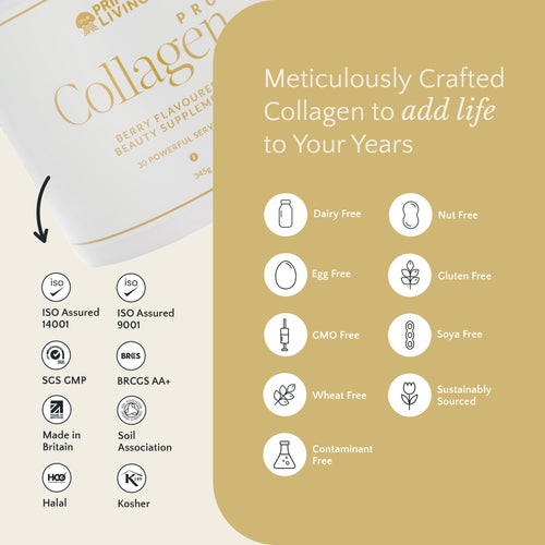 Collagen supplement packaging with certification logos and product description on a beige background