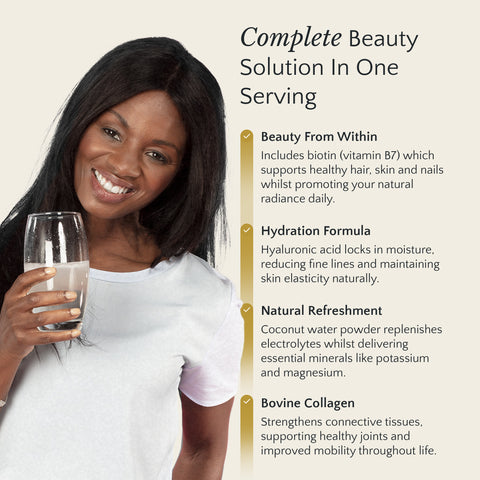 Woman holding a glass of collagen with text about a beauty solution, including benefits like biotin, hydration, and collagen.