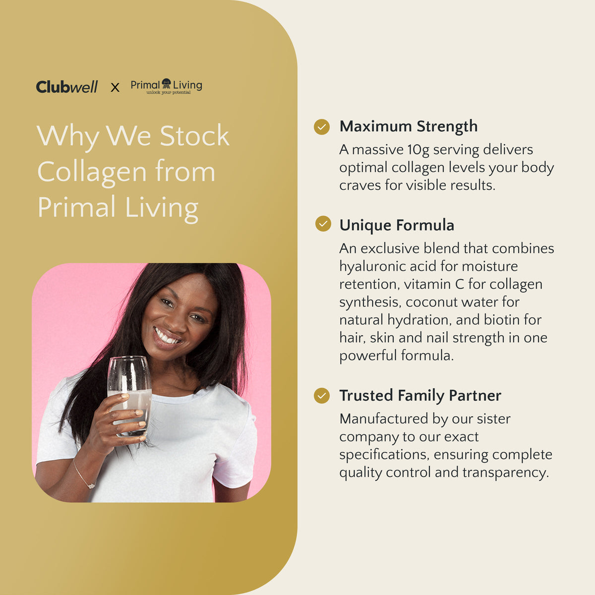 Advertisement for Clubwell collagen product with a woman holding a glass of water.