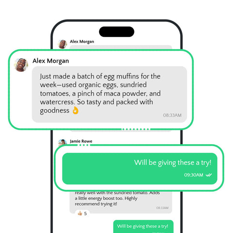 Text conversation between Alex Morgan and Jamie Rowe about egg muffins on a smartphone screen.