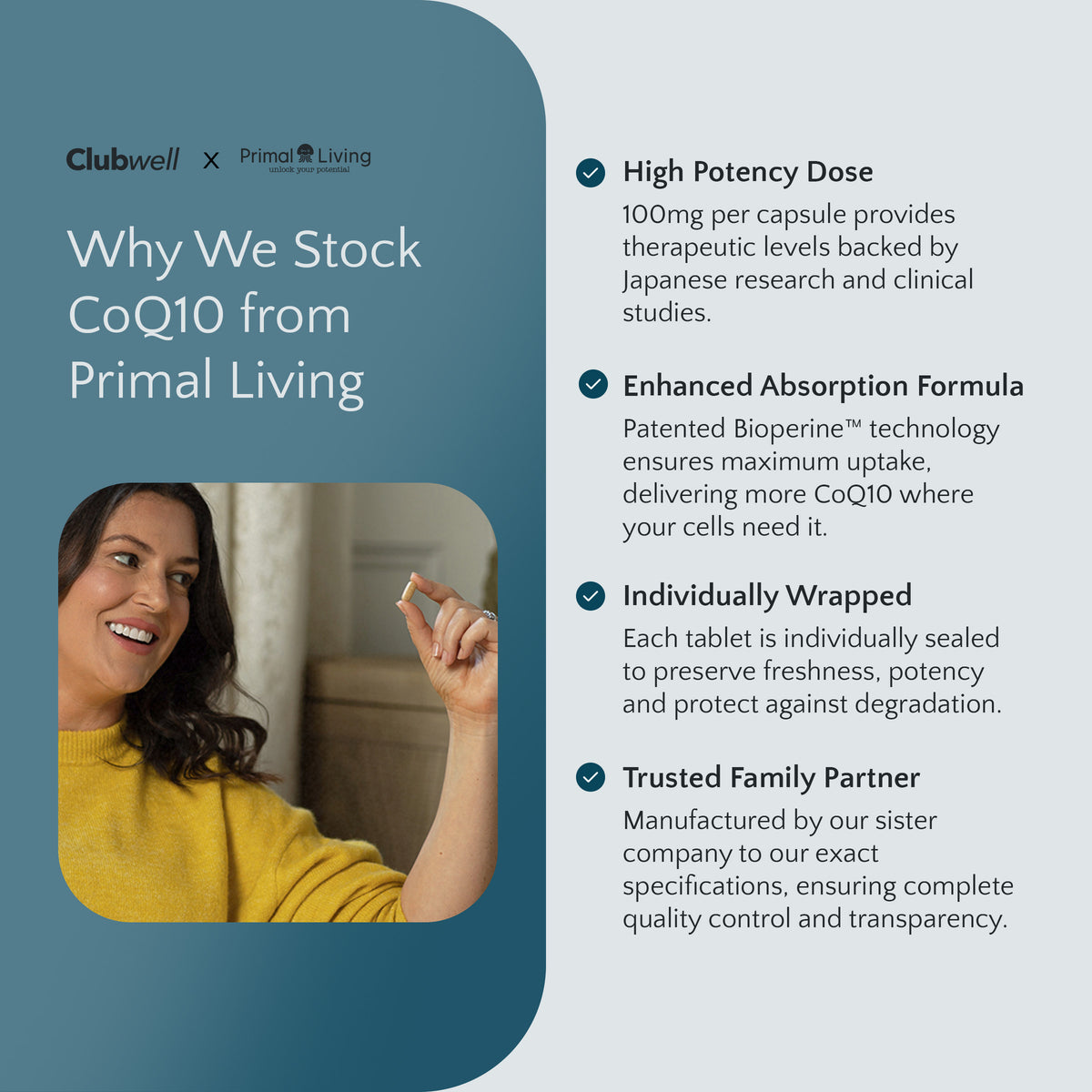Advertisement for Clubwell CoQ10 supplement with a woman holding a supplement and text about product features.