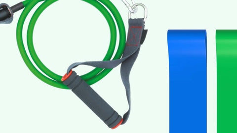 Resistance band set with green and blue bands on a light green background