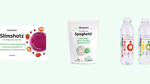 Collection of health and wellness products including Slimshotz, Fibrehydrate Spaghetti, and io fibrewater on a light green background