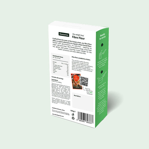 Box of fibrehydrate flour with nutritional information and QR code on a light green background