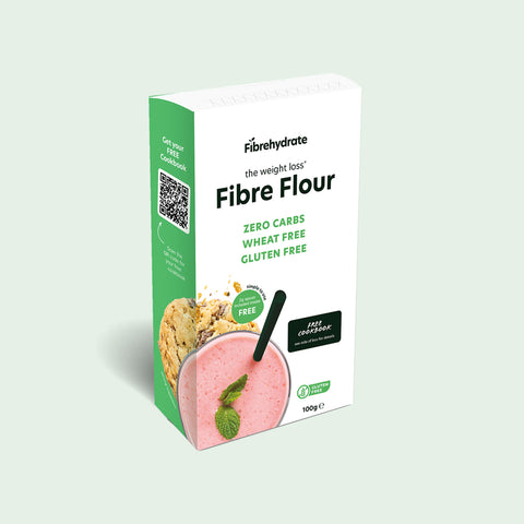 Box of Fibre Flour with a green and white design on a light green background