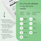 Keto noodle product with dietary-friendly features and a recipe cookbook offer on a green background.