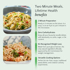 Noodle dish with text about two-minute meals and health benefits on a green background