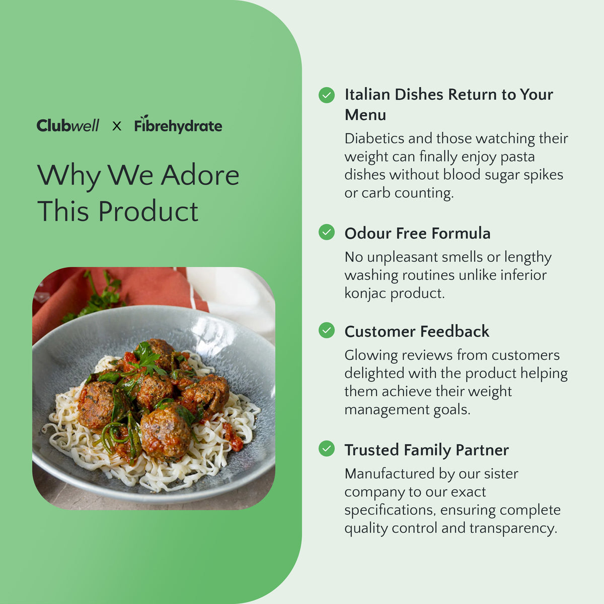 Product advertisement with a dish and text about Clubwell x Fibrehydrate's product features.