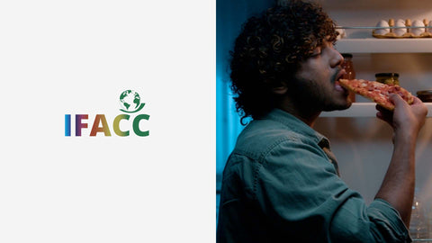 Person eating pizza in a refrigerator with IFACC logo on a white background