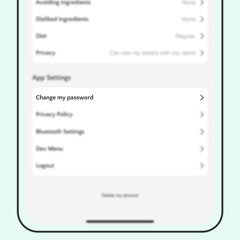 Phone screen showing app settings with 'Change my password' option