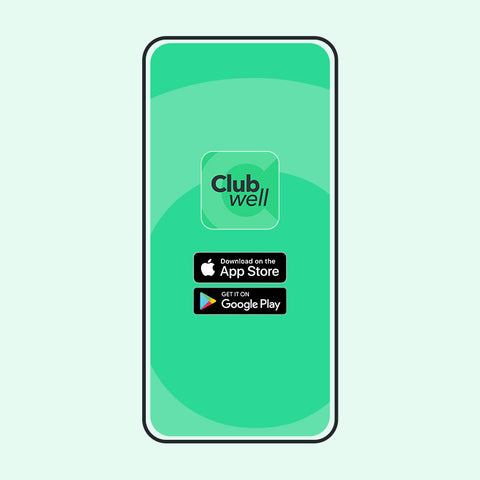 Phone screen displaying the Clubwell app download buttons on a light green background