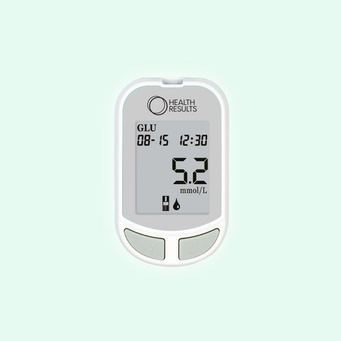 Blood glucose meter with digital display on a light green background
