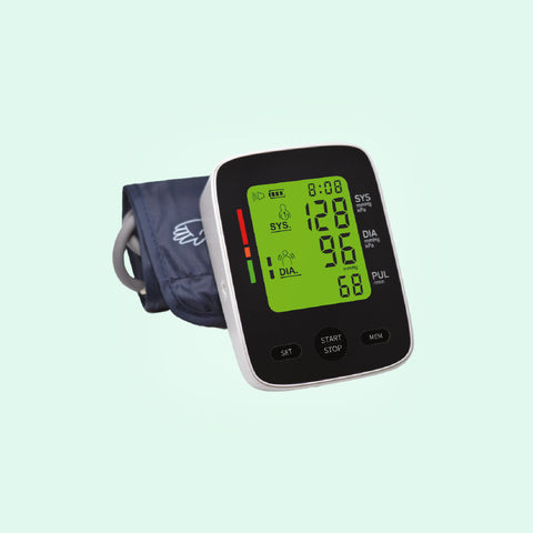 Blood pressure monitor with digital display on a light green background
