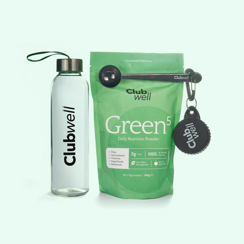 Clubwell water bottle, Green5 nutrition powder package, and spoon and funnel on a light green background
