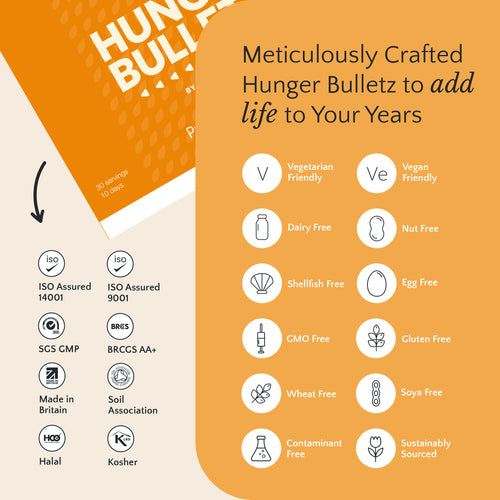 Product packaging with certification logos and feature icons on an orange background