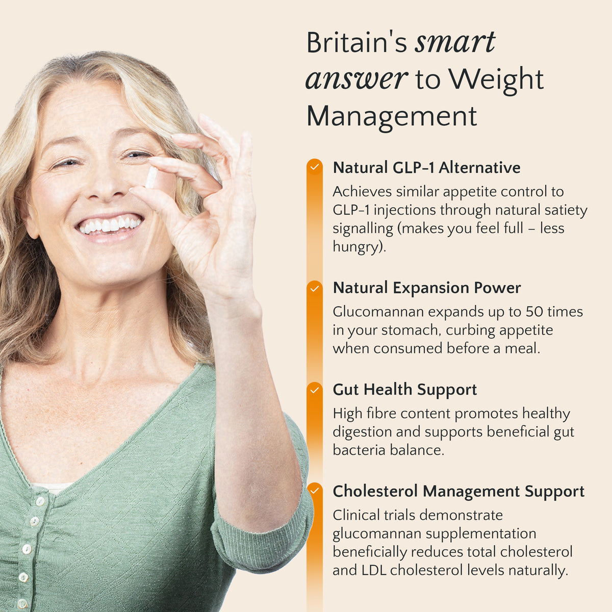 Woman aholding hunger bullet text about weight management product features