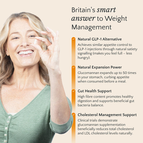 Woman aholding hunger bullet text about weight management product features