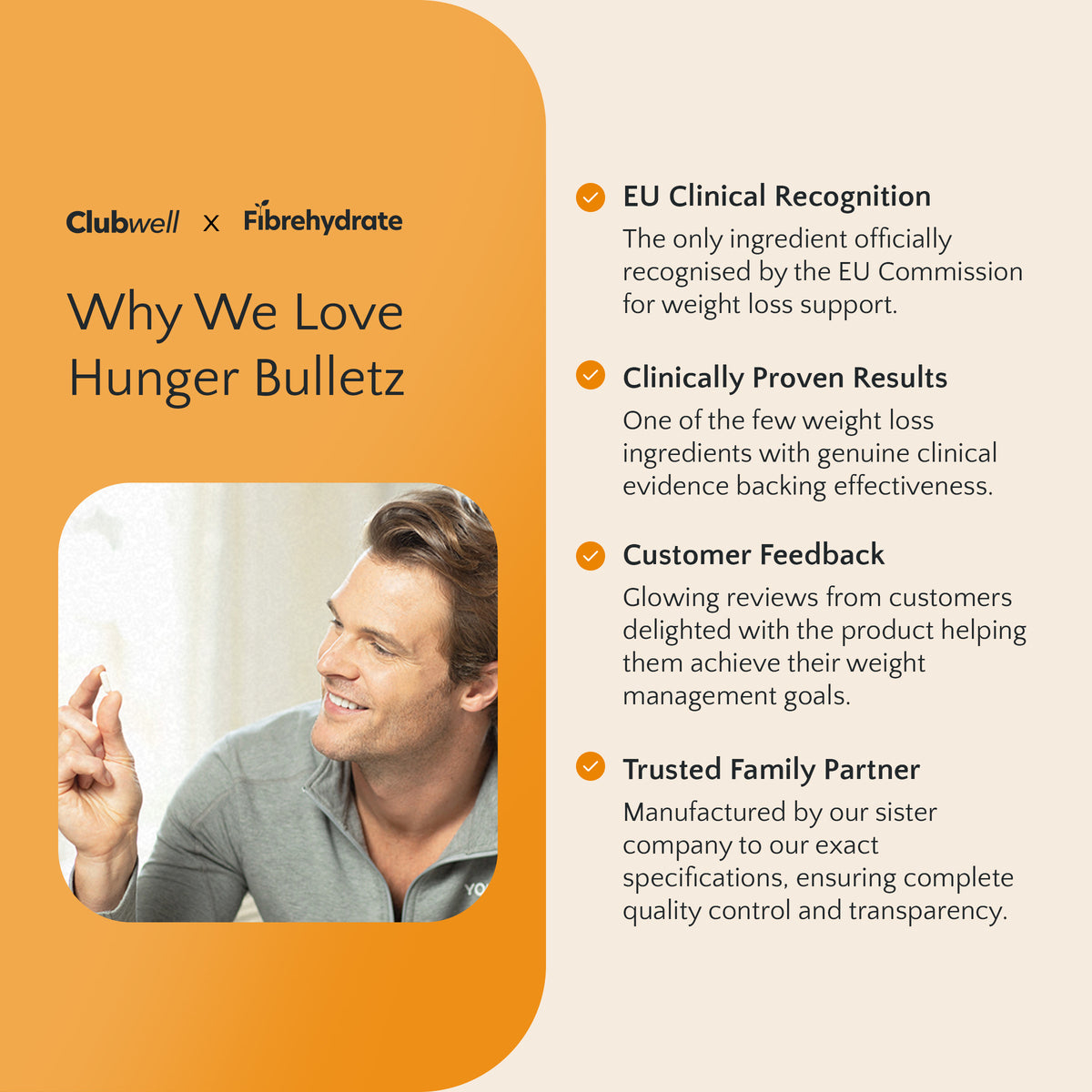 Advertisement for Hunger Bulletz with a man and product details on an orange and white background