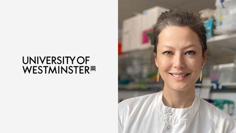 Isabella Cooper in a lab coat with 'University of Westminster' logo on a white background