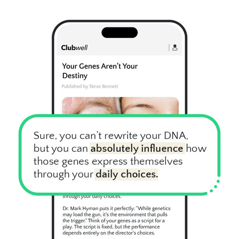 Phone screen displaying a text message with motivational quote about genetic influence and daily choices.