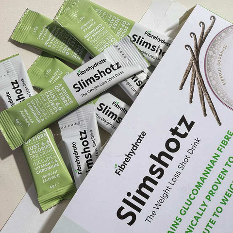 Slimshotz weight loss shot drink sachets on a light background