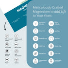 Product packaging with certification logos and text on a blue and white background