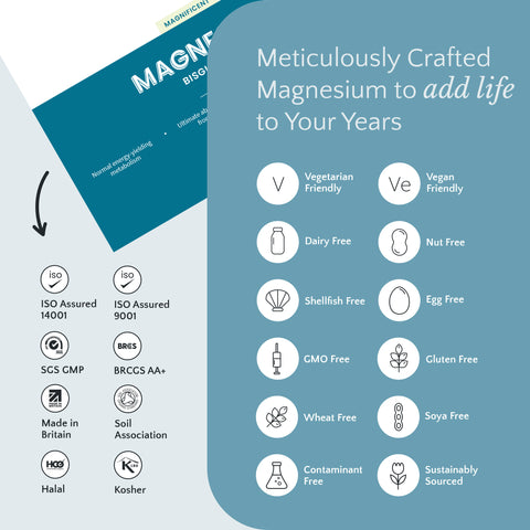 Product packaging with certification logos and text on a blue and white background